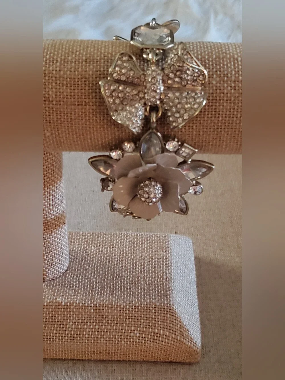 ​WHBM Silver Tone Crystal Rhinestone Floral Bow Statement Toggle Bracelet